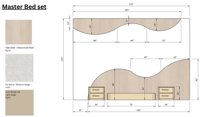 Master bedroom: bed and headboard drawings