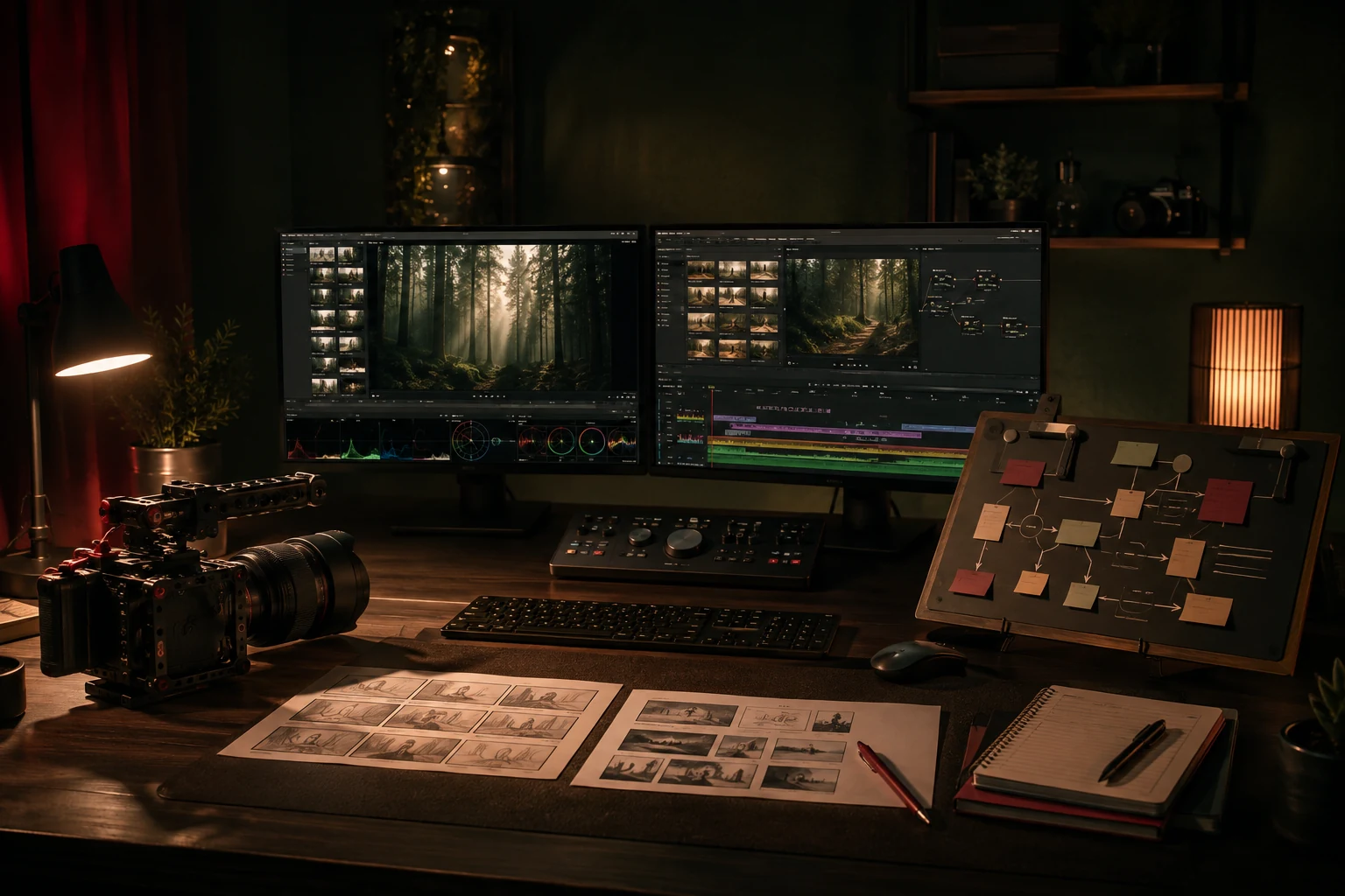 AI video workflow with editing monitors, camera and storyboard board