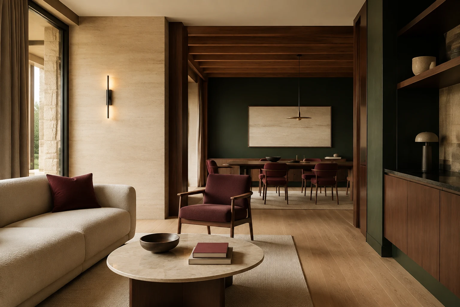 Warm contemporary interior with forest green and wine-red details