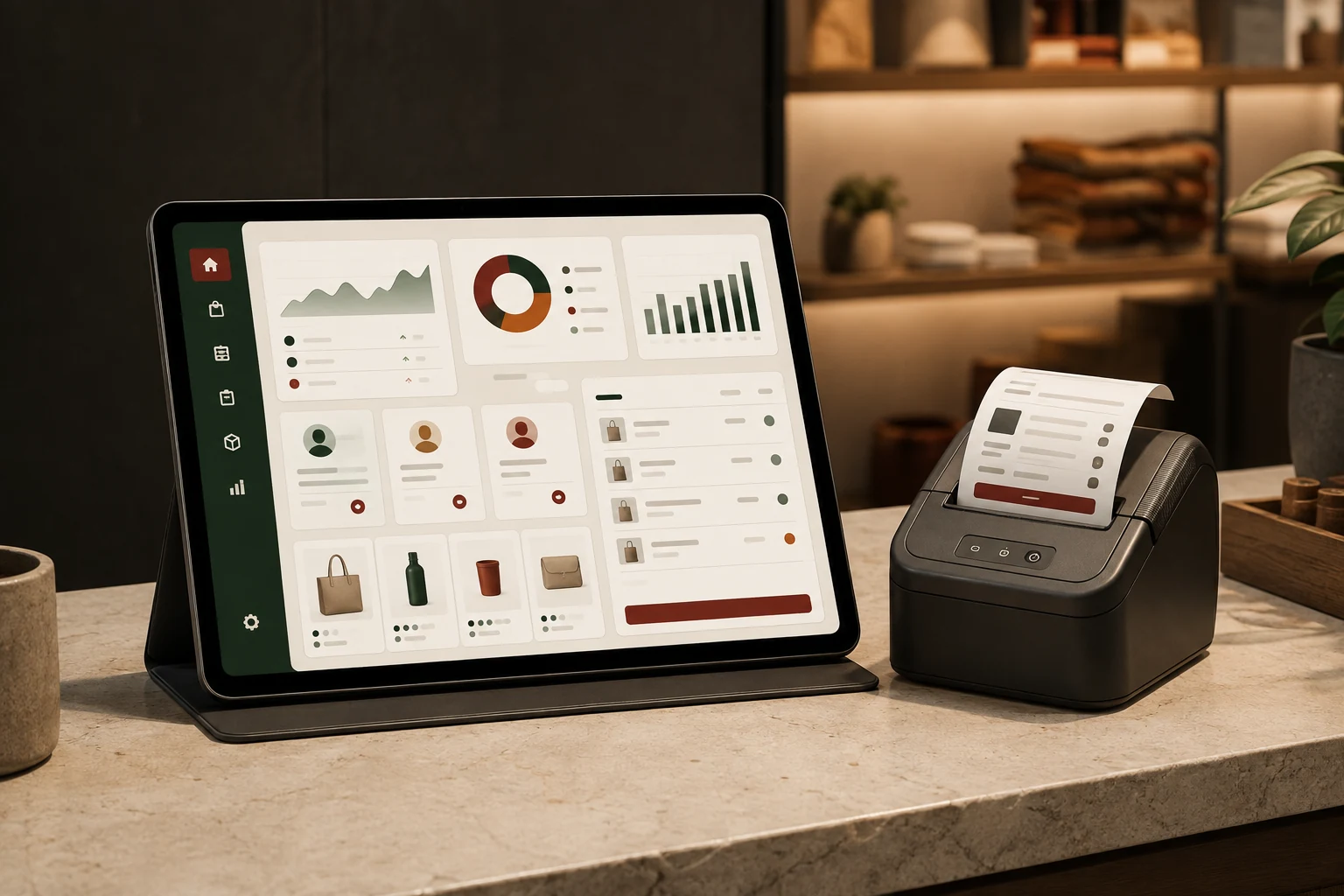 Practical small-business dashboard on a tablet and receipt printer