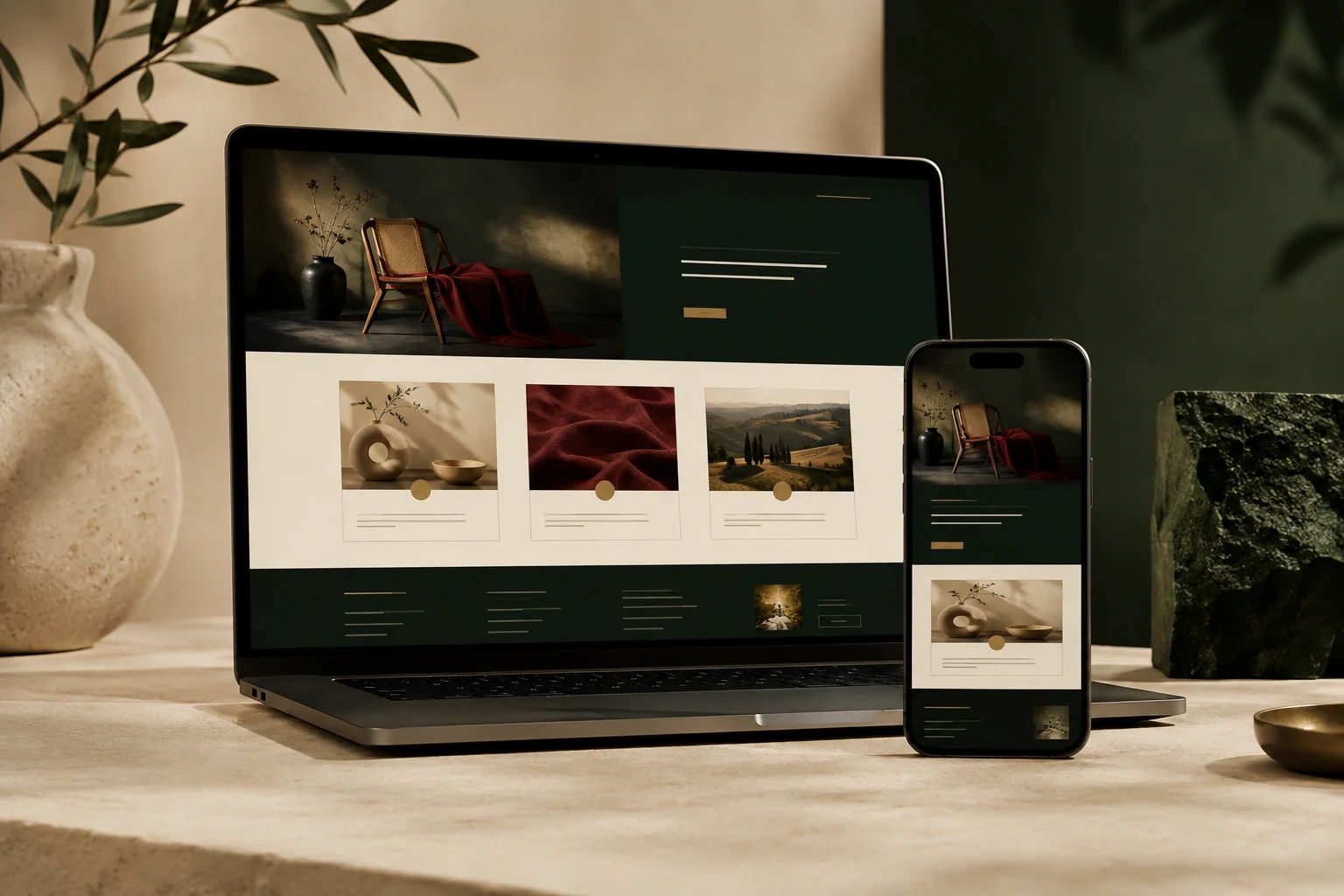 Premium website design displayed across a laptop and phone