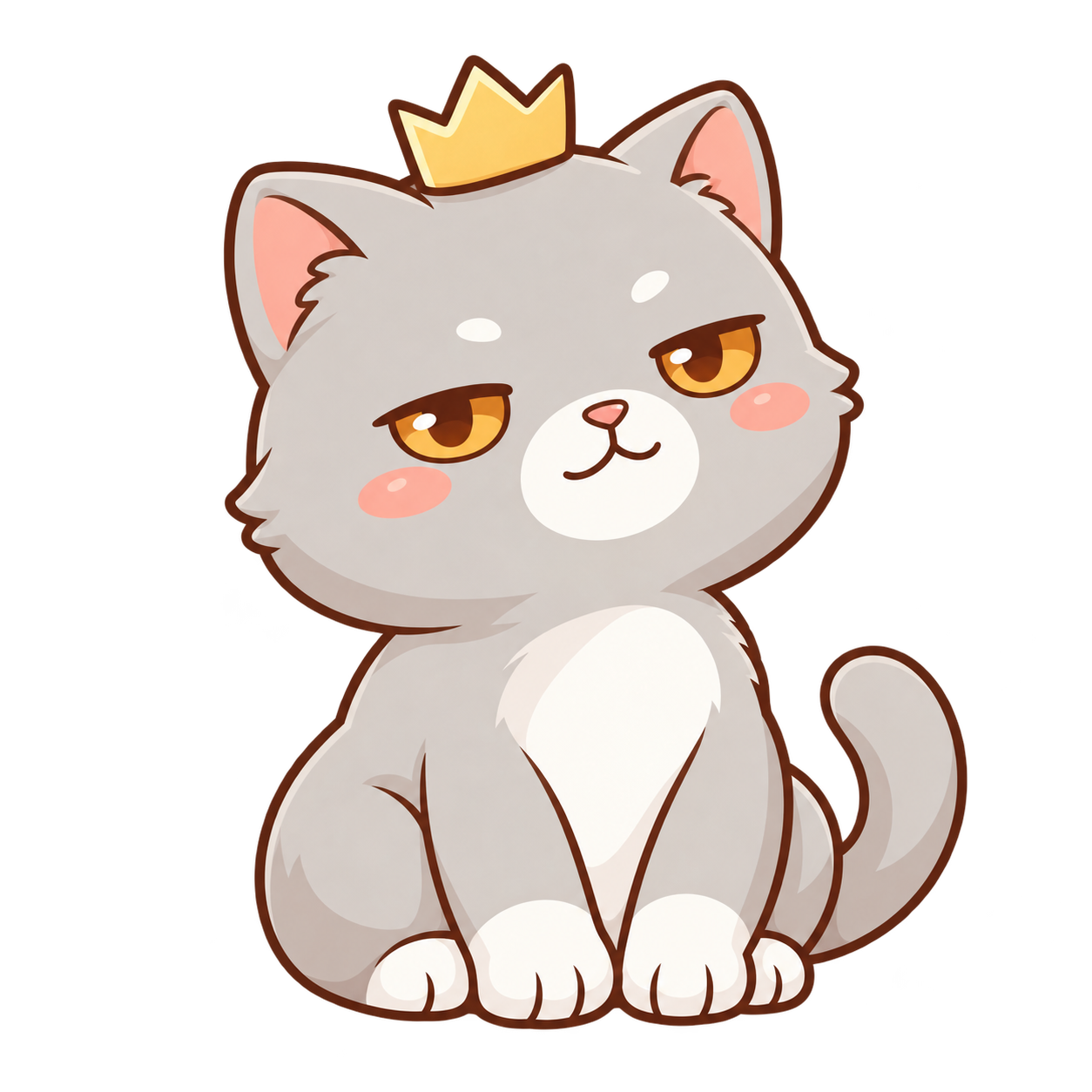 PIXEL, a grey and white cat with amber eyes and a small gold crown
